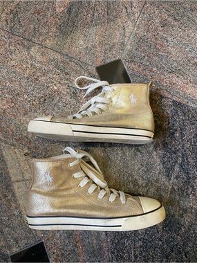 Ralph Lauren Leather Metallic Gold High-Top Sneakers, Size 7